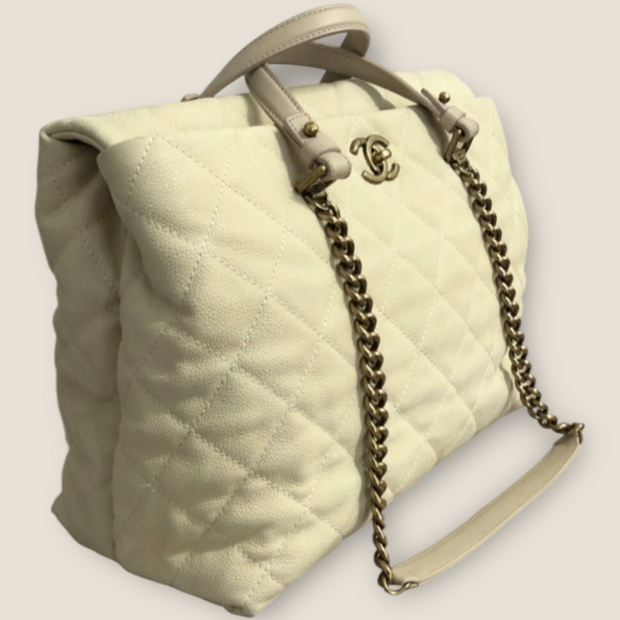 🍨 Chanel Large Quilted Caviar Leather Tote in Ivory with Gold Hardware