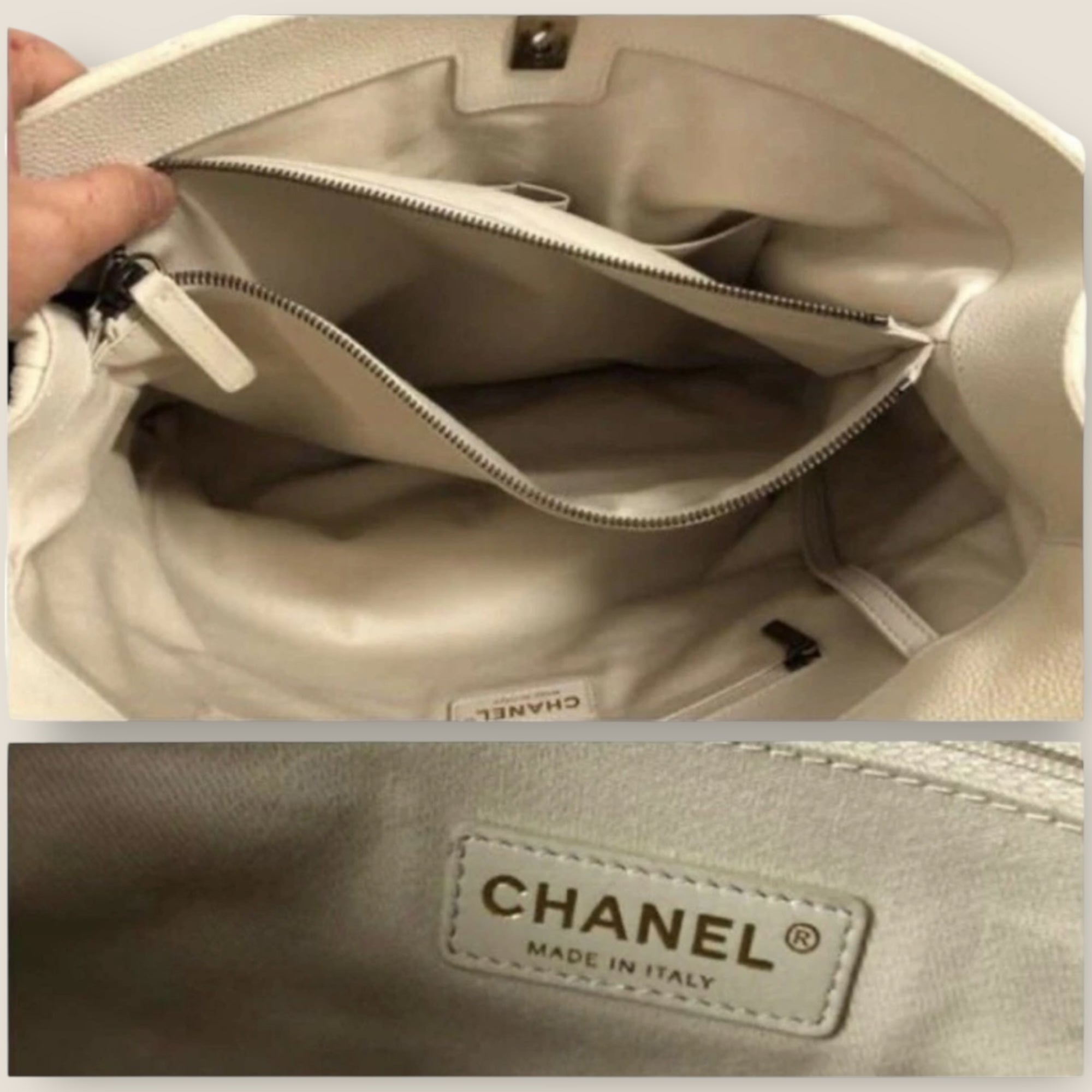 Beige Chanel handbag with open interior and visible brand logo.