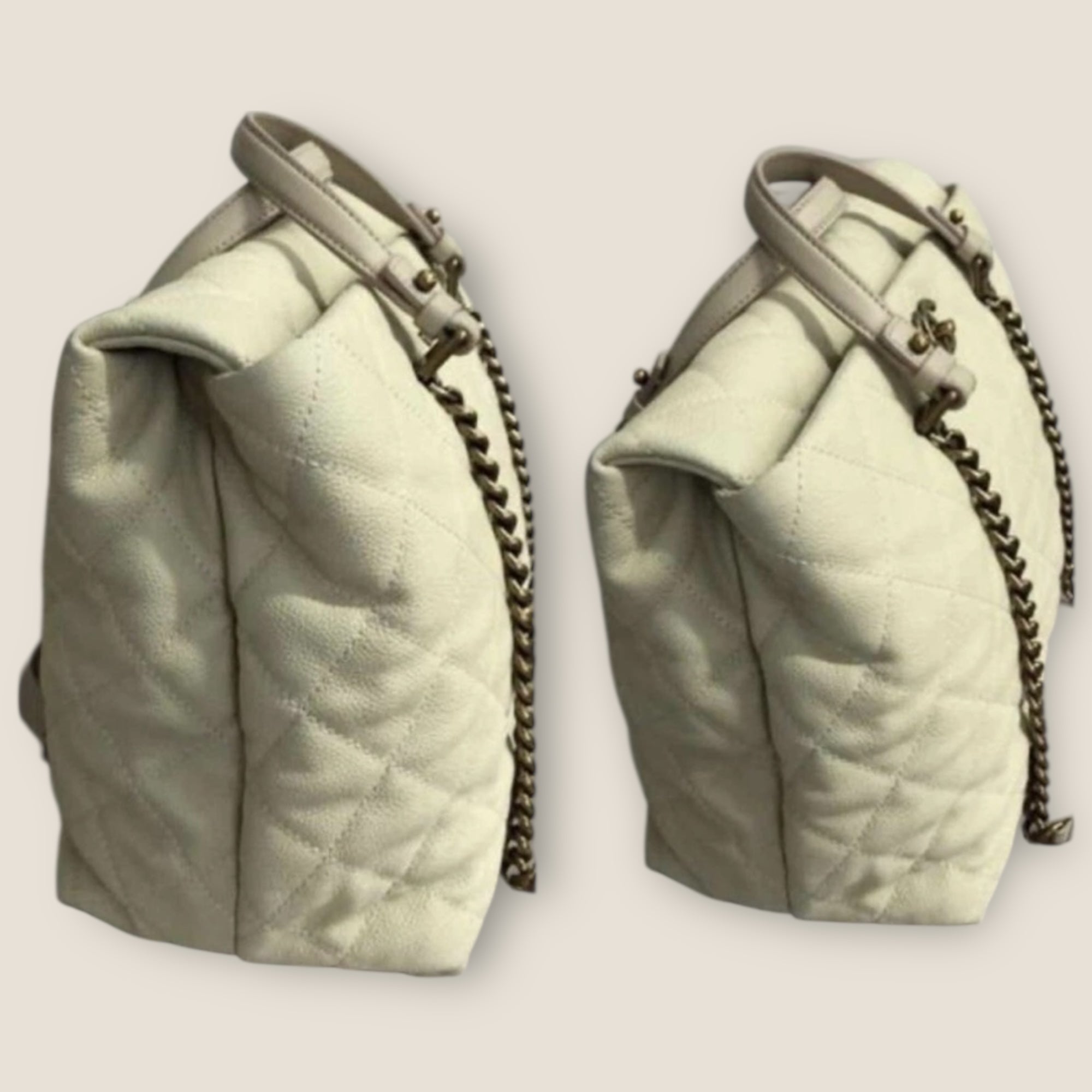 Two light green quilted handbags with chain straps on a beige background